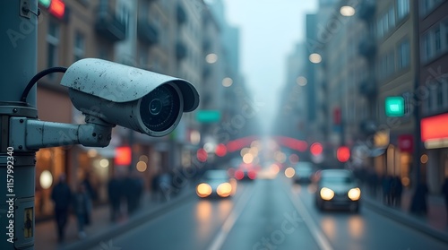 The image shows a surveillance camera mounted on a pole, monitoring a busy city street with traffic and buildings in the background. facial recognition technology in action.