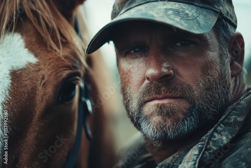 A rugged outdoorsman in a camo jacket and cap is depicted with a horse, capturing a scene of adventure and companionship in a natural setting.