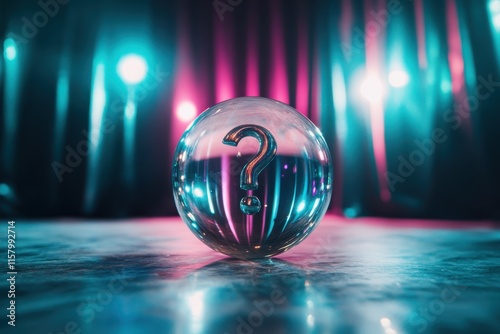 A mystical crystal ball with a central question mark is foregrounded against vibrant neon lights, creating a captivating and surreal visual atmosphere. photo