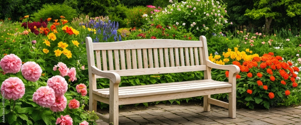 Wooden garden bench surrounded by colorful blossoms in a lush park setting Wooden garden bench surrounded by colorful blossoms in a lush park setting