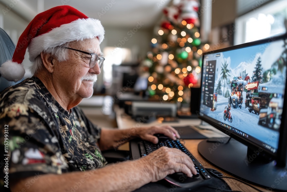 A senior man delightfully playing a video game on a computer, with a decorated Christmas tree in the background, highlighting tech-savvy festive joy. A senior man delightfully playing a video game on a computer, with a decorated Christmas tree in the background, highlighting tech-savvy festive joy.