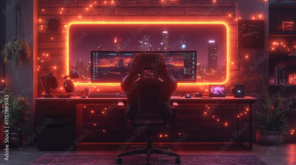 A modern gaming setup with neon lights and a city view. A modern gaming setup with neon lights and a city view.