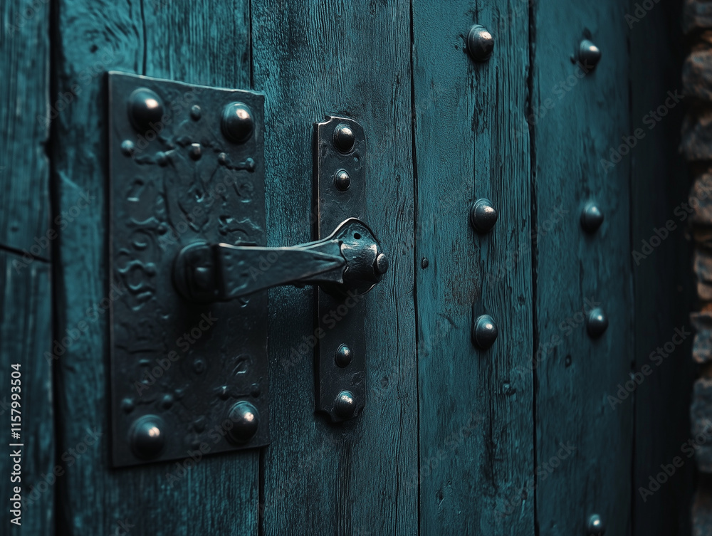 Antique Wooden Door with Metal Handle and Rivets