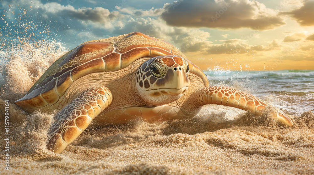 Obraz premium Majestic Sea Turtle Emerges from Ocean Waves at Sunset, Majestic Ocean Creature Gracefully Moves Ashore