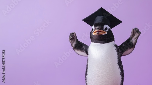 Celebrating Success - Happy Penguin in Graduation Attire on Pastel Purple Background with Cheering Expression photo