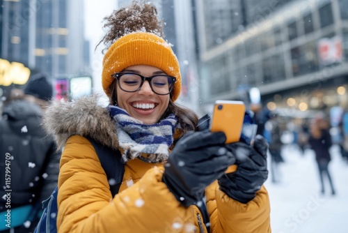 A young woman in snow-covered surroundings, wearing a bright outfit and glasses, smiling widely at her phone in an energetic city backdrop, capturing winter excitement. photo