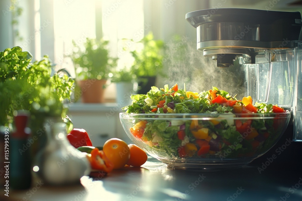 Steaming fresh salad in a glass bowl on kitchen counter with vegetables. Steaming fresh salad in a glass bowl on kitchen counter with vegetables.