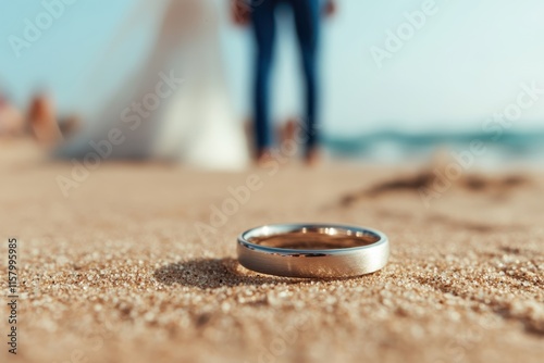 A silver wedding ring rests on sandy beach foreground, with a blurred couple in wedding attire at the ocean, evoking themes of unity and romance. photo