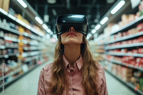 Wearing a virtual reality headset, a woman explores a store aisle, her expression a blend of curiosity and amazement, highlighting technology and convenience. photo