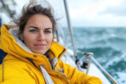 A determined woman clad in a bright yellow jacket sails through the dynamic ocean waves, embodying adventure, independence, and the spirit of exploration on a sea voyage. photo