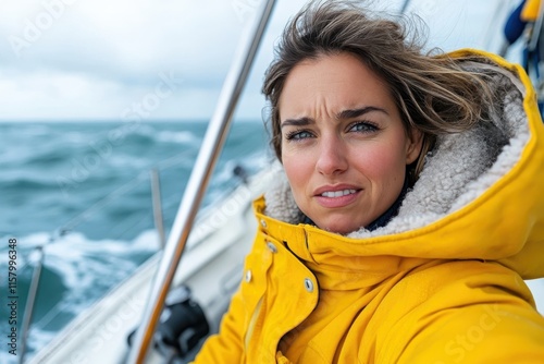 A tenacious woman navigates ocean waves wearing a protective yellow coat, personifying resilience and adventure, while embracing the challenges of sailing ventures. photo