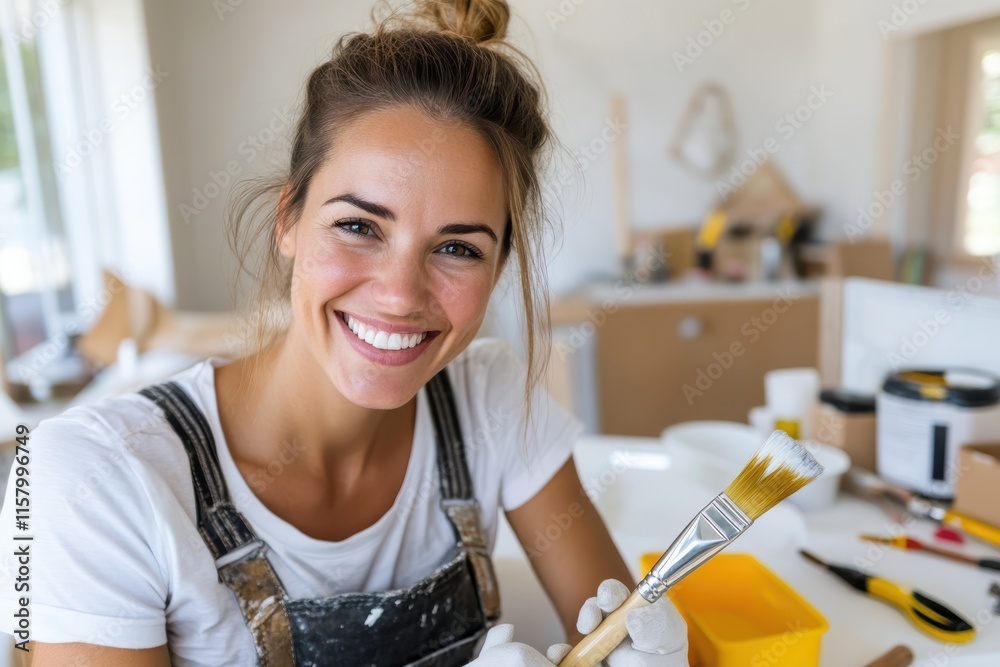 A smiling woman holds a paintbrush in a tidy, bright workspace, capturing the essence of creativity, organization, and joy in personal projects and renovations. A smiling woman holds a paintbrush in a tidy, bright workspace, capturing the essence of creativity, organization, and joy in personal projects and renovations.