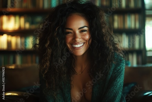 A joyful woman with voluminous curly hair warmly smiles, sitting in a cozy library environment surrounded by distinguished books lining the shelves. photo