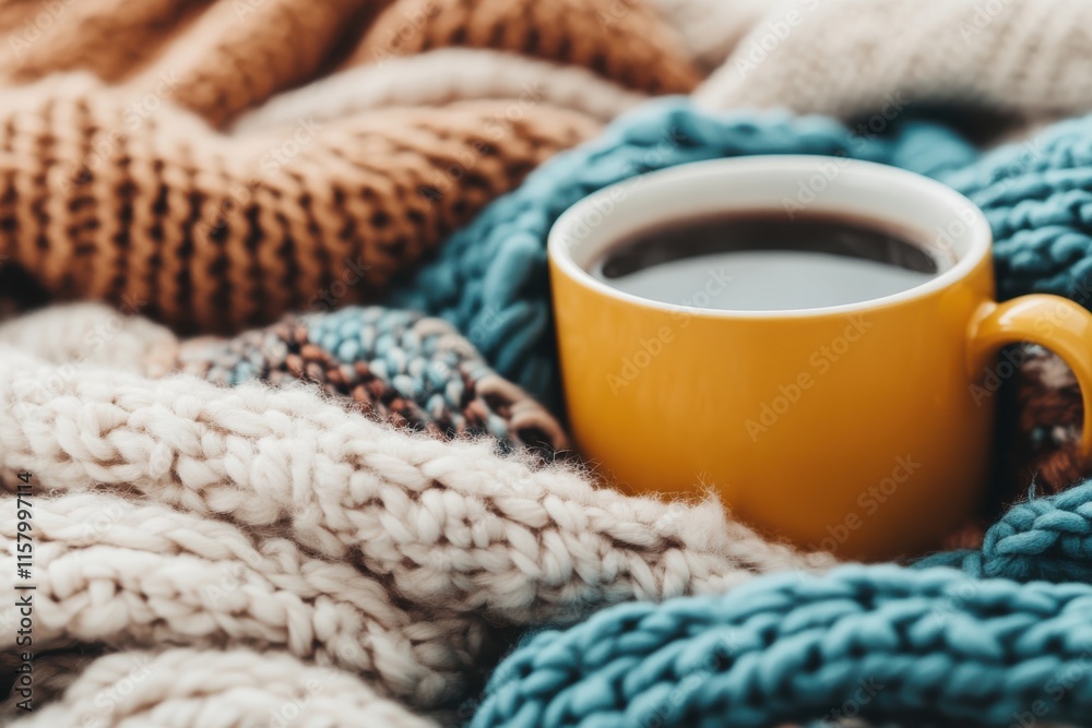 A yellow coffee mug tucked into layers of multi-colored knitted blankets, conveying a sense of warmth, comfort and the inviting embrace of a cozy home space. A yellow coffee mug tucked into layers of multi-colored knitted blankets, conveying a sense of warmth, comfort and the inviting embrace of a cozy home space.