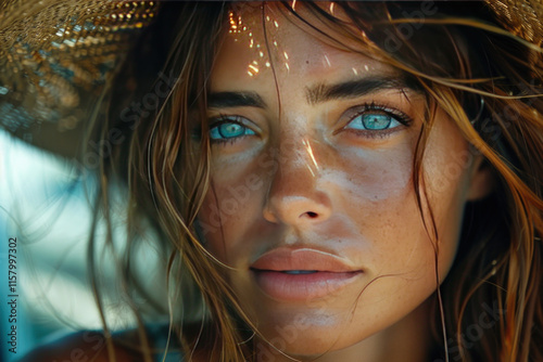 summer photo, portrait of a blue-eyed brunette woman       photo