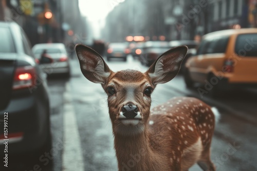 A small deer curiously navigates a bustling urban street filled with traffic, highlighting a surprising intersection of wildlife and city environments. photo