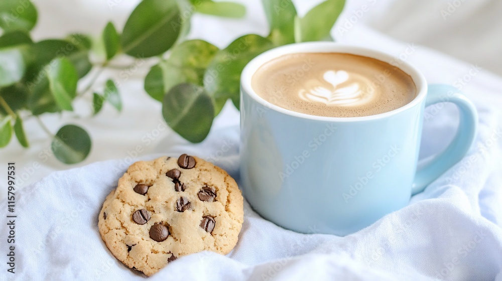 A cozy scene with a latte and a cookie on a soft cloth. A cozy scene with a latte and a cookie on a soft cloth.