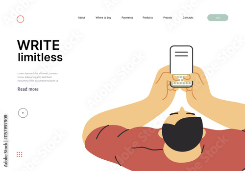 Writing people, modern flat vector concept illustration- sitting man thoughtfully writing on laptop, top view. Metaphor for reflection, insight, contemplation, creative expression