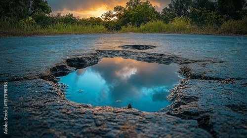 On a quiet street, puddles reflect alternate dimensions, offering glimpses into parallel worlds, where each shimmering surface holds the key to a different universe beyond the ordinary. photo