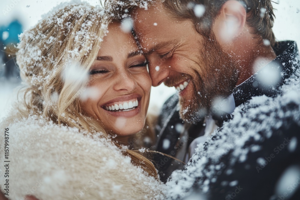 Obraz premium A radiant couple gleefully embracing in a snow-covered setting, their expressions full of joy and love, amidst gently falling snowflakes in a wintery aura.