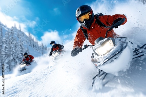 Three snowmobilers in colorful gear navigate through deep, powdery snow, showcasing the excitement, adventure, and adrenaline of winter sports in the mountains. photo