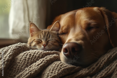 A Golden Retriever and a kitten rest under a cozy knitted blanket, evoking emotions of warmth and security, highlighting the bond between these precious pets. photo