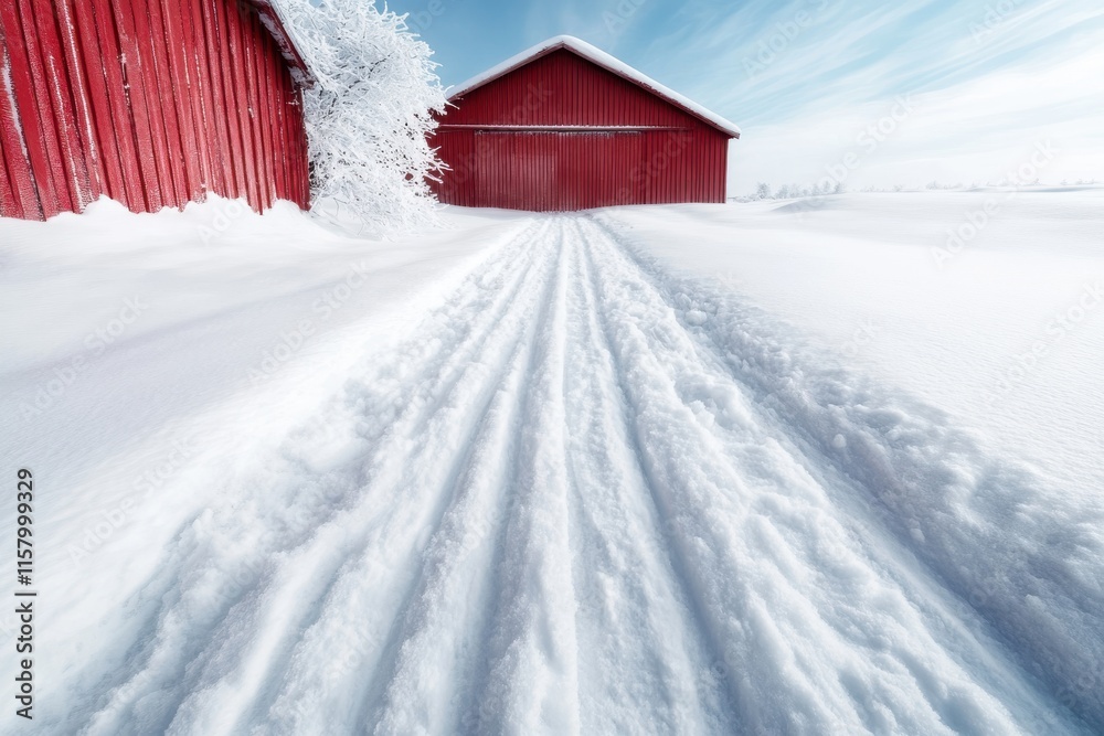 A snow-covered path leads to a red barn, framed by a pristine winter landscape. The path offers a sense of journey and discovery amidst serene isolation. A snow-covered path leads to a red barn, framed by a pristine winter landscape. The path offers a sense of journey and discovery amidst serene isolation.