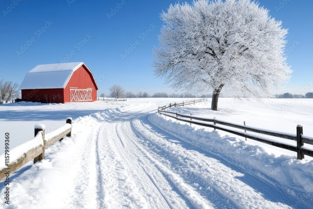 A pristine winter scene featuring a red barn by a snow-covered path, accompanied by a stunning frost-laden tree under a clear blue sky and open landscape. A pristine winter scene featuring a red barn by a snow-covered path, accompanied by a stunning frost-laden tree under a clear blue sky and open landscape.