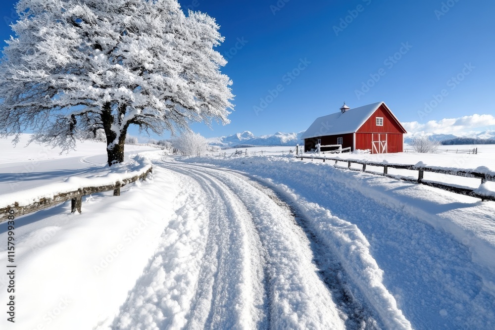 An enchanting winter scene with a charming red barn nestled in a snow-blanketed landscape, highlighting a gorgeously frosted tree and clear blue skies. An enchanting winter scene with a charming red barn nestled in a snow-blanketed landscape, highlighting a gorgeously frosted tree and clear blue skies.