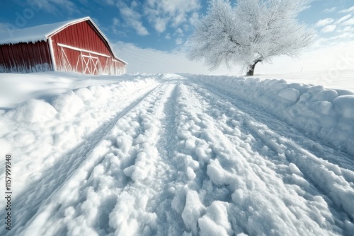 A snowy track winds towards a rustic red barn, nestled in a serene winter landscape. The track invites exploration and evokes nostalgia for simpler times. photo