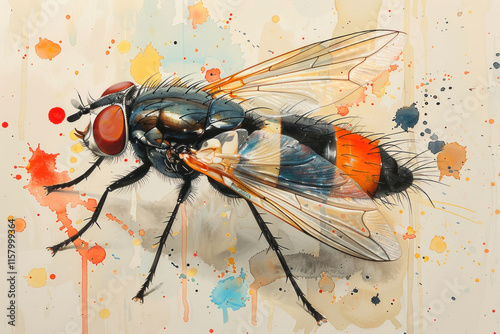 Watercolor painting of a fly detailed,.     photo