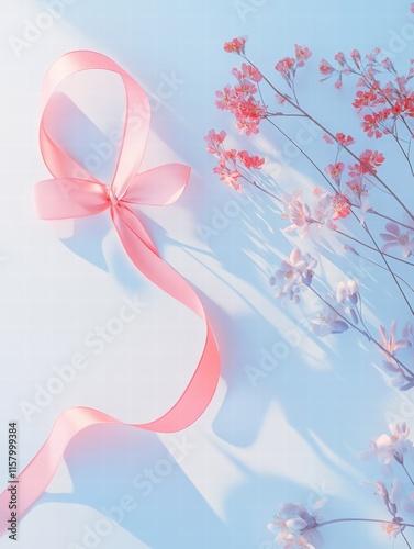 Symbol of hope in the fight against cancer with a pink ribbon and delicate flowers for awareness campaigns. Generative AI