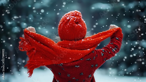 A child modeling a bright red scarf with a snowy forest background.