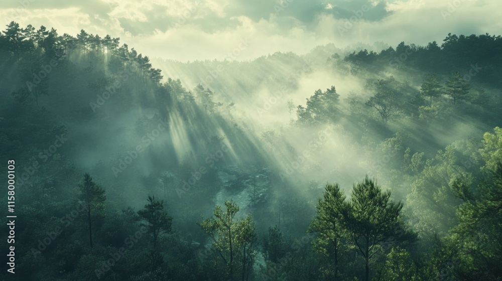 Mysterious mist rising over lush forest landscape nature photography serene environment aerial view ethereal concept Mysterious mist rising over lush forest landscape nature photography serene environment aerial view ethereal concept