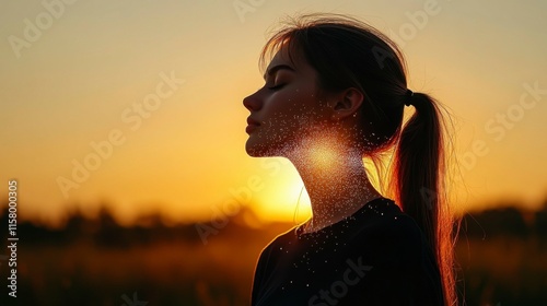 A silhouette of a woman slowly disintegrating into particles of light and dust, her form fading in a delicate, abstract display that evokes themes of change, impermanence, and transformation.