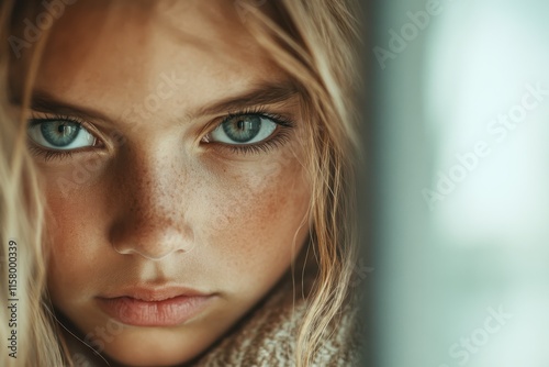 Wallpaper Mural A close-up portrait displaying a young girl's intense blue eyes, freckled face, and blonde hair, capturing a sense of innocence and intensity. Torontodigital.ca