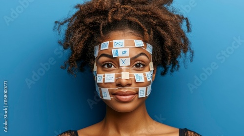 A woman with sticky notes all over her face, each note symbolizing a task or responsibility, depicting the mental exhaustion and overwhelm of modern-day life and the constant need to keep up. photo