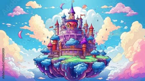 A whimsical fairytale castle floats among fluffy clouds