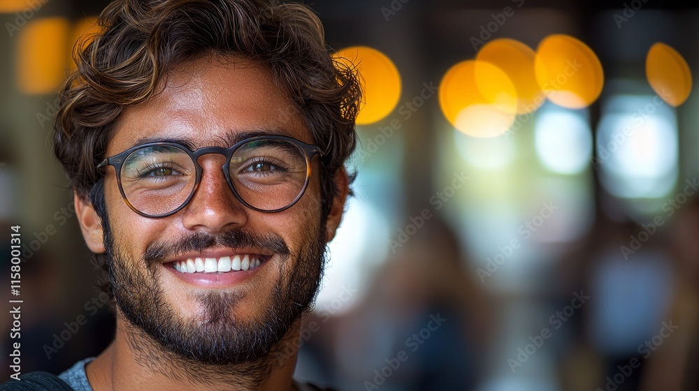 Obraz premium A close-up of a customers smiling face, expressing satisfaction with the service received.