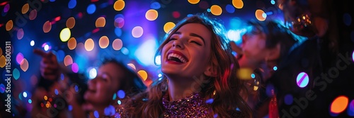 A vibrant celebration scene illuminated by joyous colorful lights and laughter.
