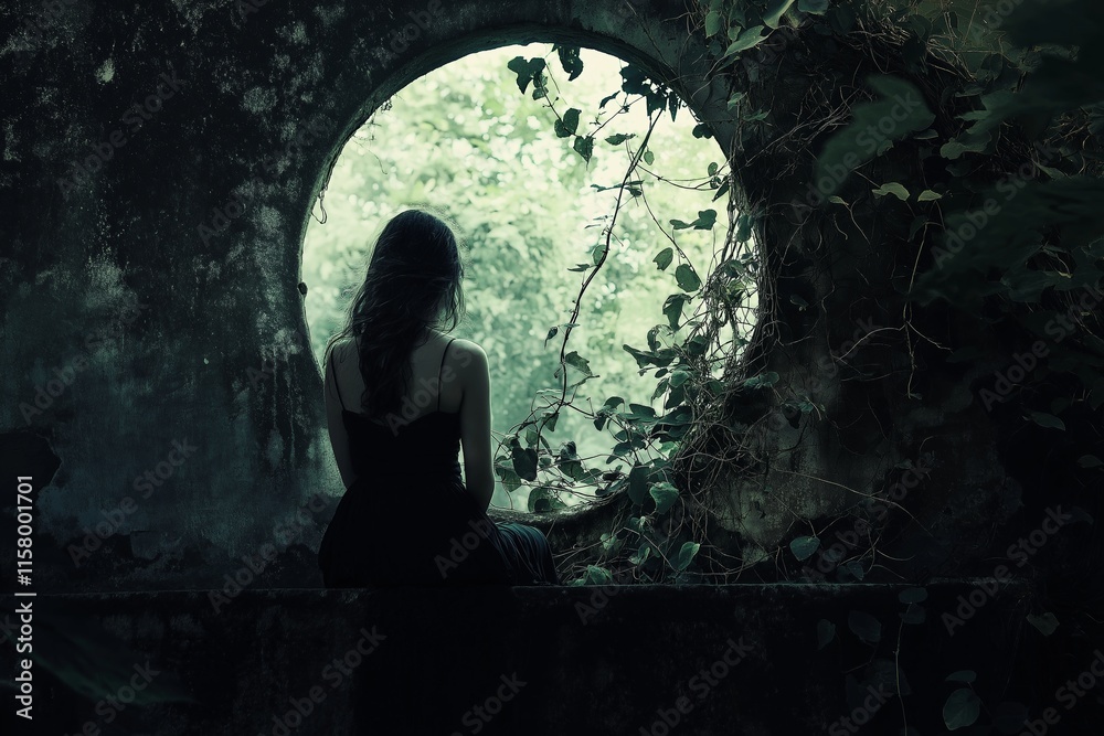 A woman in black sitting by a round window surrounded by green foliage.