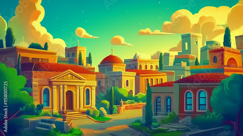 Vibrant cartoon-style illustrations of ancient cities with detailed architecture and lush landscapes