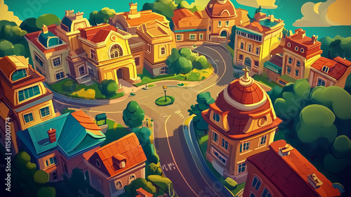 Vibrant cartoon-style illustrations of ancient cities with detailed architecture and lush landscapes
