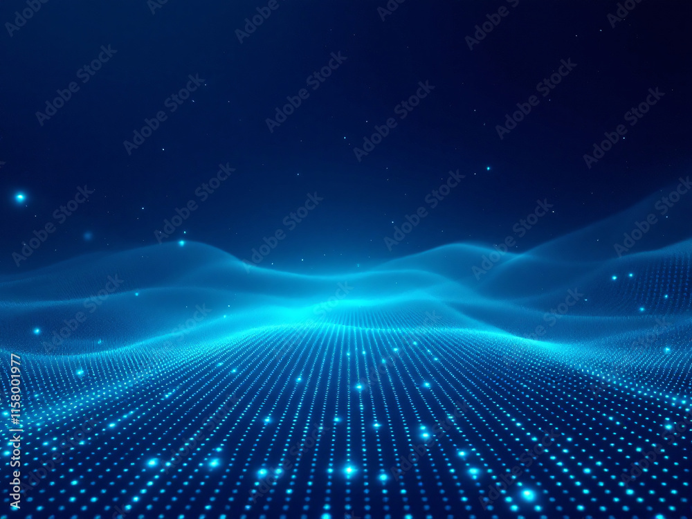 Abstract blue digital wave with glowing particles on a dark background.