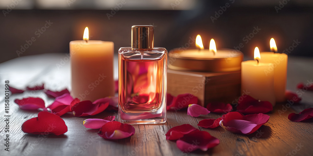 Bottle of perfume with red rose petals, gift for Valentine day Bottle of perfume with red rose petals, gift for Valentine day