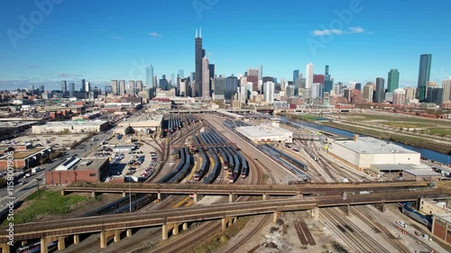 CHICAGO - 12.5.2024 - Good aerial footage moving up an Amtrak train yard in Chicago.