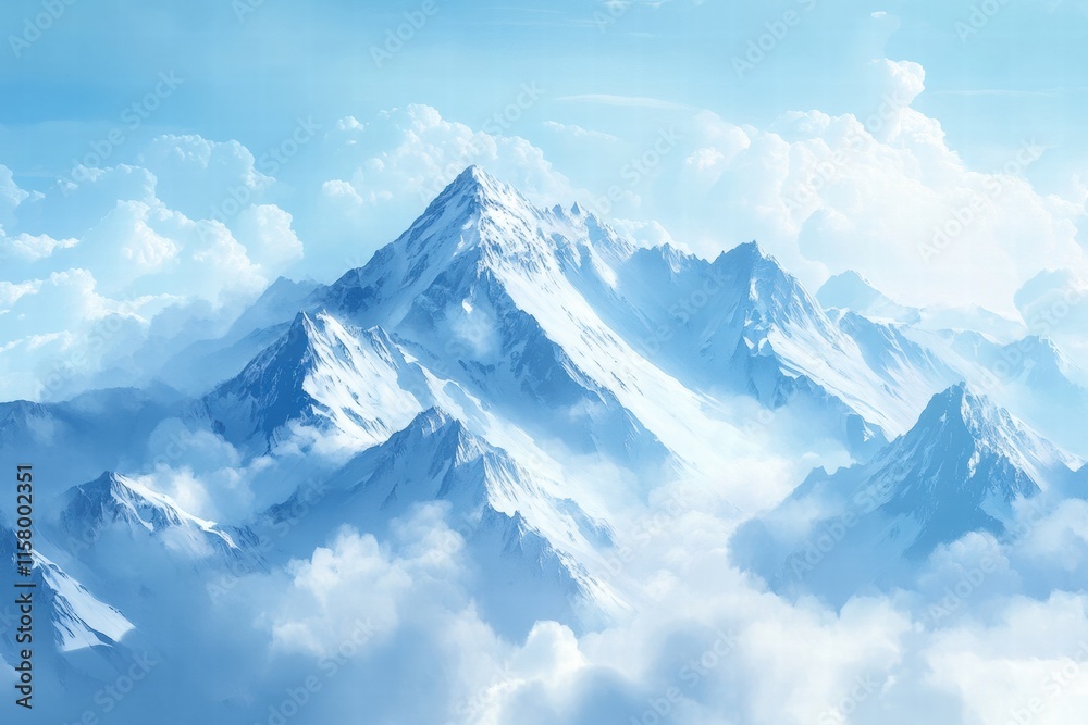 Majestic mountain peaks surrounded by soft clouds with ample space for creative text and design. Generative AI