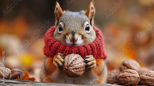 A squirrel wearing a tiny scarf and mittens, holding a nutcracker, isolated on a brown wooden background, adorable, rustic photo