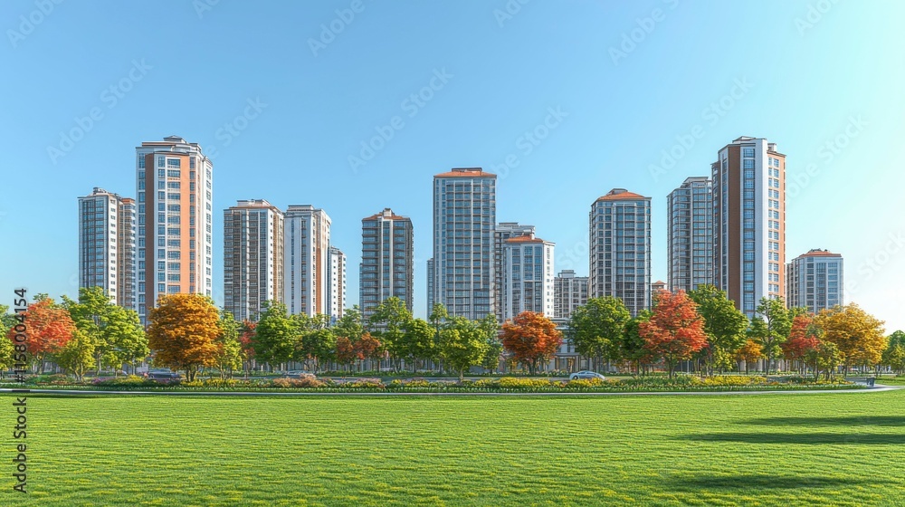 Obraz premium A sleek and modern design where buildings of varying heights create a bar graph effect, representing the development of the economy, urban infrastructure, and business success.