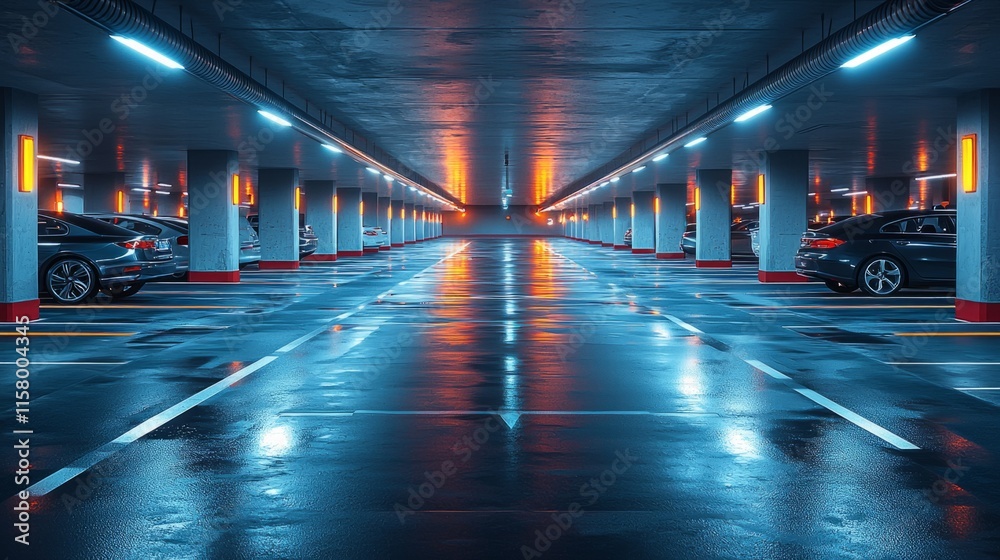 High-tech underground parking lot, smart parking sensors, LED guidance lights, futuristic design, clean lines, empty space, professional architectural visualization High-tech underground parking lot, smart parking sensors, LED guidance lights, futuristic design, clean lines, empty space, professional architectural visualization